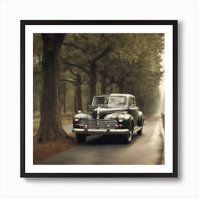 Vintage Car on the forest road Art Print