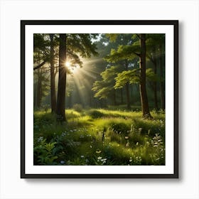 A Serene Landscape With Lush Green Trees Swaying Gently In The Breeze, A Vibrant Forest Floor Covered With Wildflowers Art Print