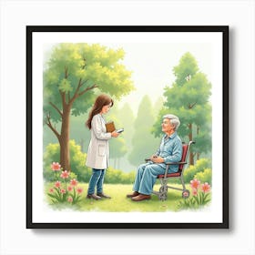 Soothing Watercolor Scene Of A Caregiver And Patient In A Peaceful Garden Setting 1 Art Print