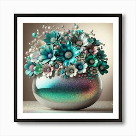 Shiny Teal Vase Of Flowers Art Print