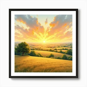 French Countryside Sunset In Watercolor With Golden Skies And Tranquil Fields 1 Art Print