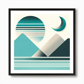 "Turquoise Twilight: Abstract Mountain Vista"  "Turquoise Twilight: Abstract Mountain Vista" portrays the serene moment of dusk as a crescent moon appears over layered mountain peaks. The cool turquoise tones and soft gradients create a tranquil and refreshing scene, offering a modern twist to any living space or office seeking a blend of calm and contemporary design. Art Print