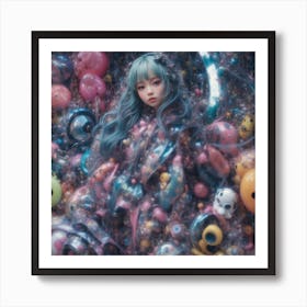 Cyberpunk Girl Surrounded By Balloons Art Print