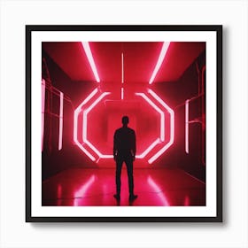 The Image Depicts A Person Standing In A Dark, Futuristic Room With A Large Red Light Emanating From The Center 3 Art Print