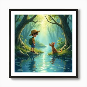 Boy And Dog In The Forest 1 Art Print