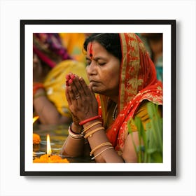 Indian Women Praying In The Water 1 Art Print