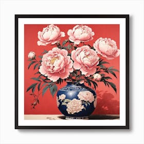 Peonies In A Blue Vase 3 Art Print