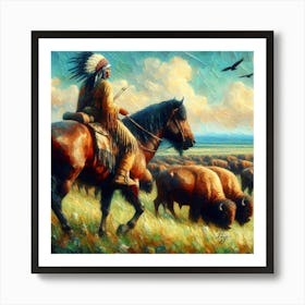 Native American Indian And Buffalos 2 Copy Art Print