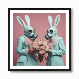 Two Bunnies In Gas Masks Art Print