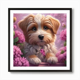 Puppy In Pink Flowers Affiche