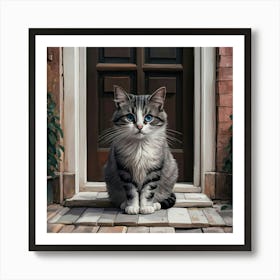 A Cat With Blue Eyes Sitting In Front Of The Door Art Print