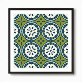 Vintage Tile Octagon Pattern In Olive And Navy Art Print