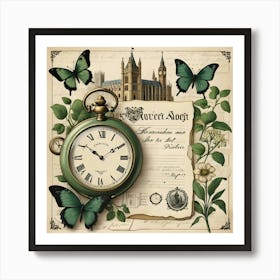 Vintage Clock, Book, Butterfly, And Key On A Wooden Table Art Print