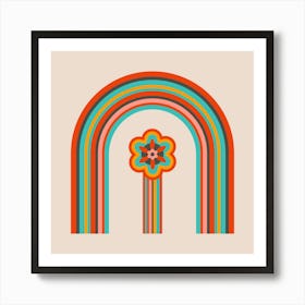 COLOURS OF THE RAINBOW Mid-Century Modern Scandi Folk Rainbow Floral in Vintage Retro Colours on Cream Art Print