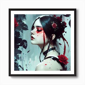 Gothic Girl With Red Roses Ai Art Print