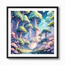 A Fantasy Forest With Twinkling Stars In Pastel Tone Square Composition 122 Art Print