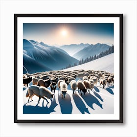 Herd Of Sheep In The Snow Art Print