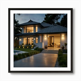 Modern House At Night Art Print