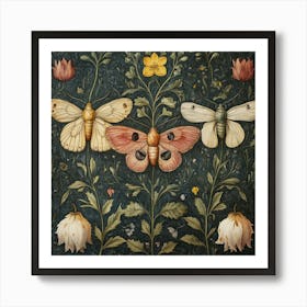 Moths And Flowers Art Art Print