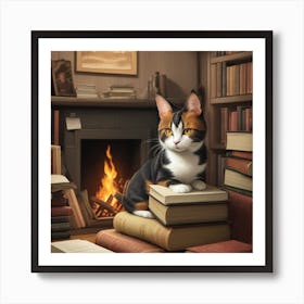 Cat Sitting On Books Art Print