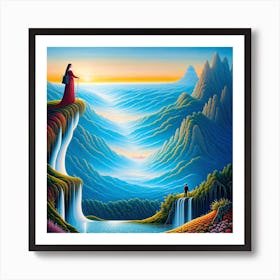 Woman Standing On A Waterfall Art Print