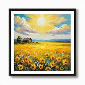 Sunflower Meadow Basking Under The Radiant Sun Which Casts Golden Beams Onto The Lush Green Carpet Art Print