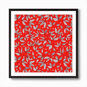 Floral Branches Gray On Red Art Print