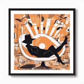 A Silhouette Of A Banana Wearing A Black Hat And Laying On Her Back On A Orange Screen, In The Style (3) Art Print