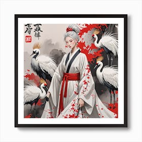 Asian Girl With Cranes Poster