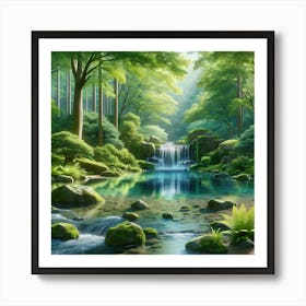 Forest Waterfall Wall Art: A Tranquil Scene with Clear Pond and Lush Greenery for Inspiring Nature Decor Print Art Art Print