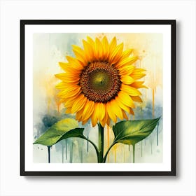 Bright Sunflower With A Watercolor Background Art Print