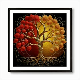 Template: Half red and half black, solid color gradient tree with golden leaves and twisted and intertwined branches 3D oil painting 2 Art Print