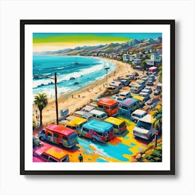 Cars Homes Beachgoers Along The Shoreline Art Print