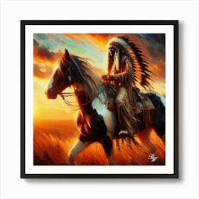 Oil Texture Native American Indian Riding On Prarie 4 Art Print