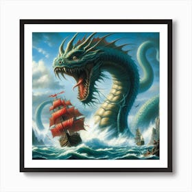 Serpent Dragon attacks ship Art Print