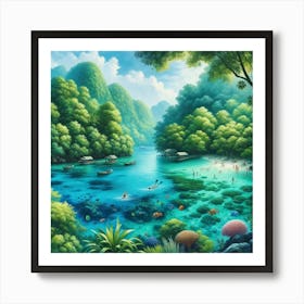 Tropical Snorkeling Wall Print Art A Tranquil And Inviting Scene Capturing The Beauty Of A Tropical Swimming Paradise, Perfect For Adding A Touch Of Summer And Adventure To Any Space Art Print