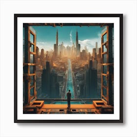 A Man S Head Shows Through The Window Of A City, In The Style Of Multi Layered Geometry, Egyptian Ar (4) Art Print