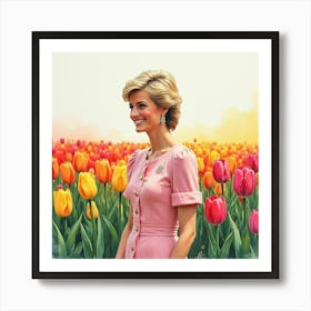 Smiling Princess Diana Standing In A Colorful Watercolor Garden Of Tulips 1 Art Print