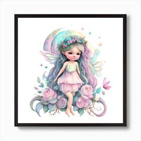 Purple Haired Fairy On The Moon Art Print