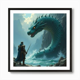 A Warrior In Enchanted Armor Fighting A Sea Serpent 1 Art Print