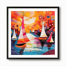 Sailboats At Sunset, Naïve Folk Art Print