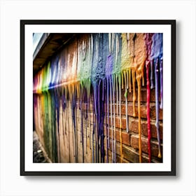 A colorful and abstract image of paint dripping down a brick wall. Art Print