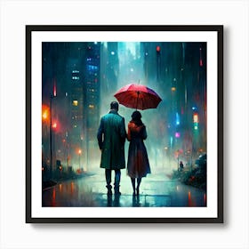 Couple Walking In The Rain Art Print