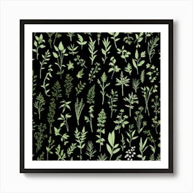 Green Leaves On Black Background Art Print