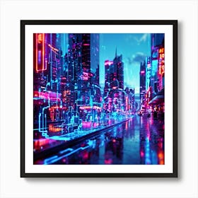 Augmented Reality Interface Holographic Elements Cascading Over A Bustling Cityscape At Dusk Neon 789043003 (4) Art Print