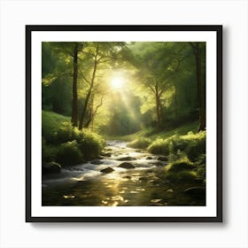 A captivating scene of a lush green forest with golden sunlight filtering through the trees. The leaves are gently swaying in the breeze, and a stream flows with sparkling water, reflecting the light. The atmosphere should be peaceful and serene 1 Art Print