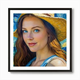 Portrait Of A Woman In A Straw Hat hjj Art Print