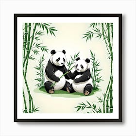 Panda Bear Among Bamboos, White, Black and Green Art Print