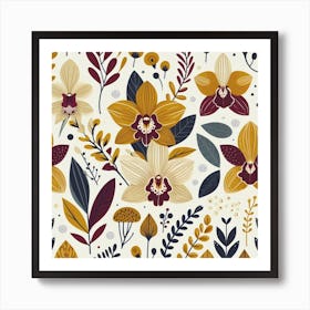 Scandinavian style,Pattern with yellow and burgundy Orchid flowers Art Print