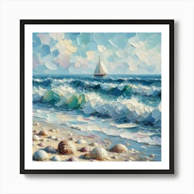 Seashells On The Beach And Sailboat Near The Horizon, Acrylic Painting Style Art Print